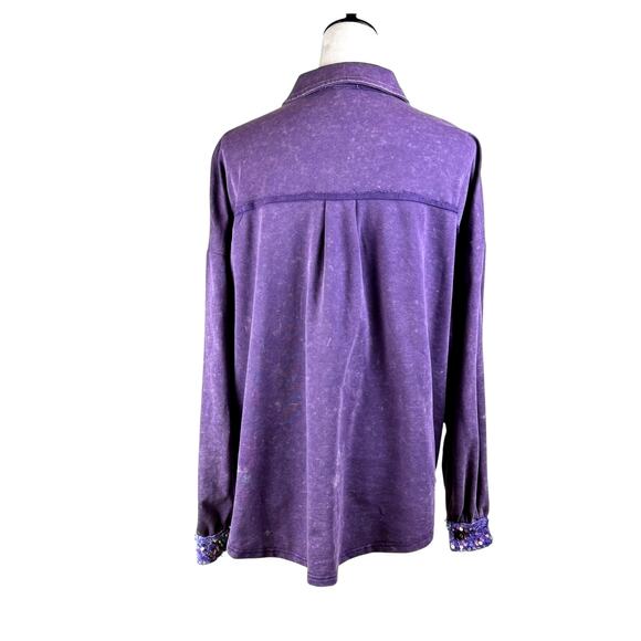 White Birch Purple Mineral Wash Velvet Trim Sequis Button Up Relaxed Shacket - Picture 7 of 16